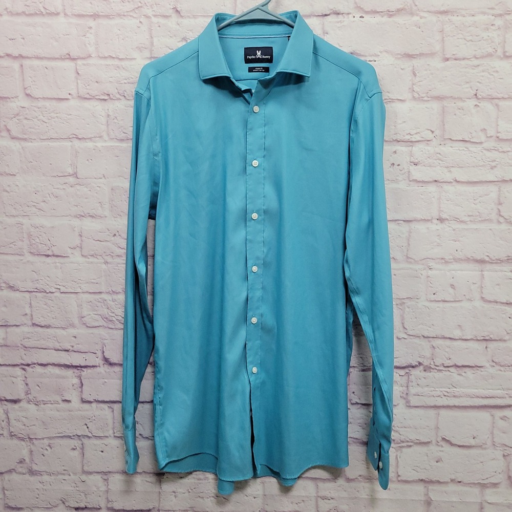 Psycho Bunny Turquoise Blue Dress Shirt 15.5 34/35 Modern Fit Stretch Business